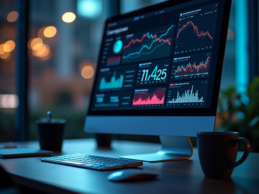 Computer screen displaying financial charts at night, with a cup of coffee and keyboard on the desk.