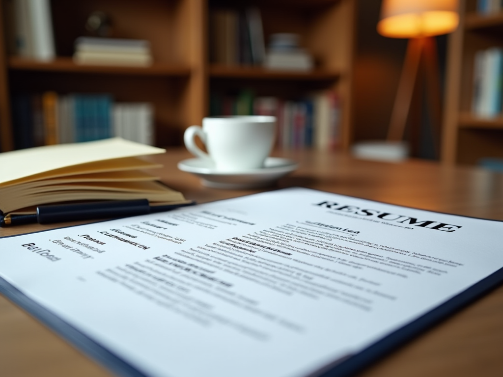 A focused view of a resume on a desk with a pen and notebook, a cup of coffee, and a warm lamp in the background.