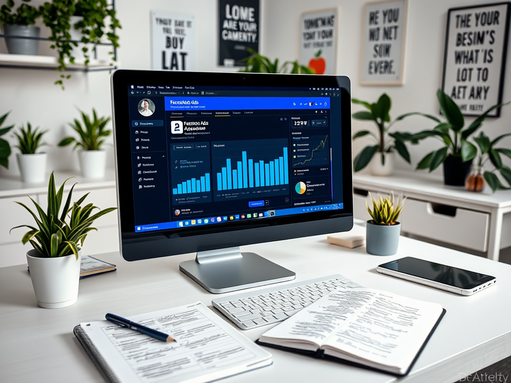 A modern workspace featuring a computer displaying analytics data, surrounded by plants and stationery.