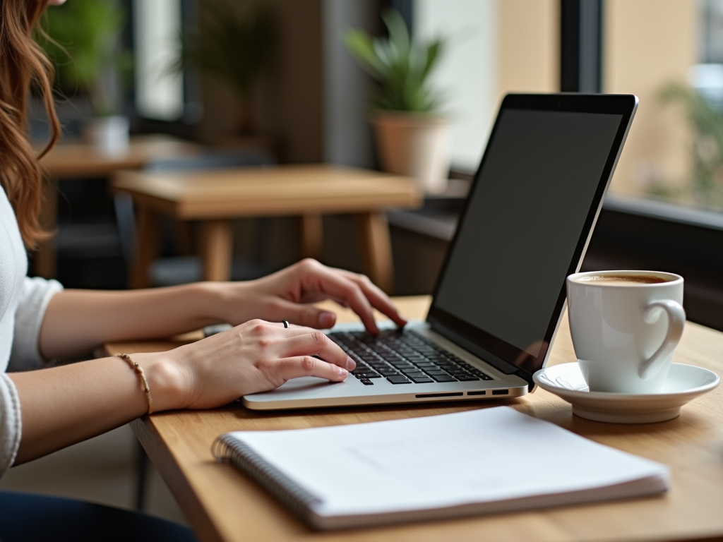 A person types on a laptop at a café table, with a cup of coffee and a notebook beside them.