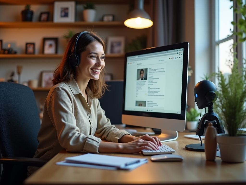 Smiling woman with headphones at desk using computer next to a robot in a cozy home office.