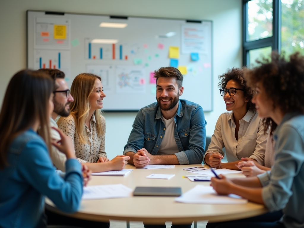 Diverse group of professionals smiling and discussing in a meeting room with charts on the wall.