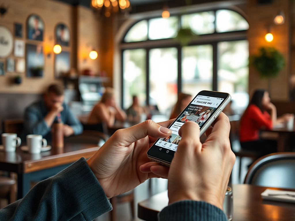 A person holding a smartphone, scrolling through an app in a cozy café with people in the background.