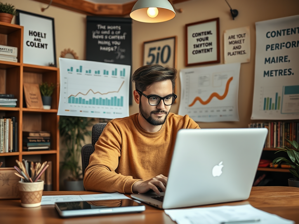 A man in a sweater works on a laptop in a well-decorated office with charts and motivational posters.