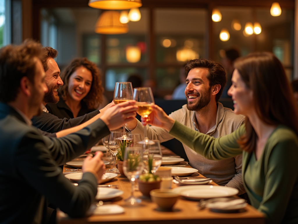 Group of friends laughing and toasting at a dinner table in a cozy restaurant.