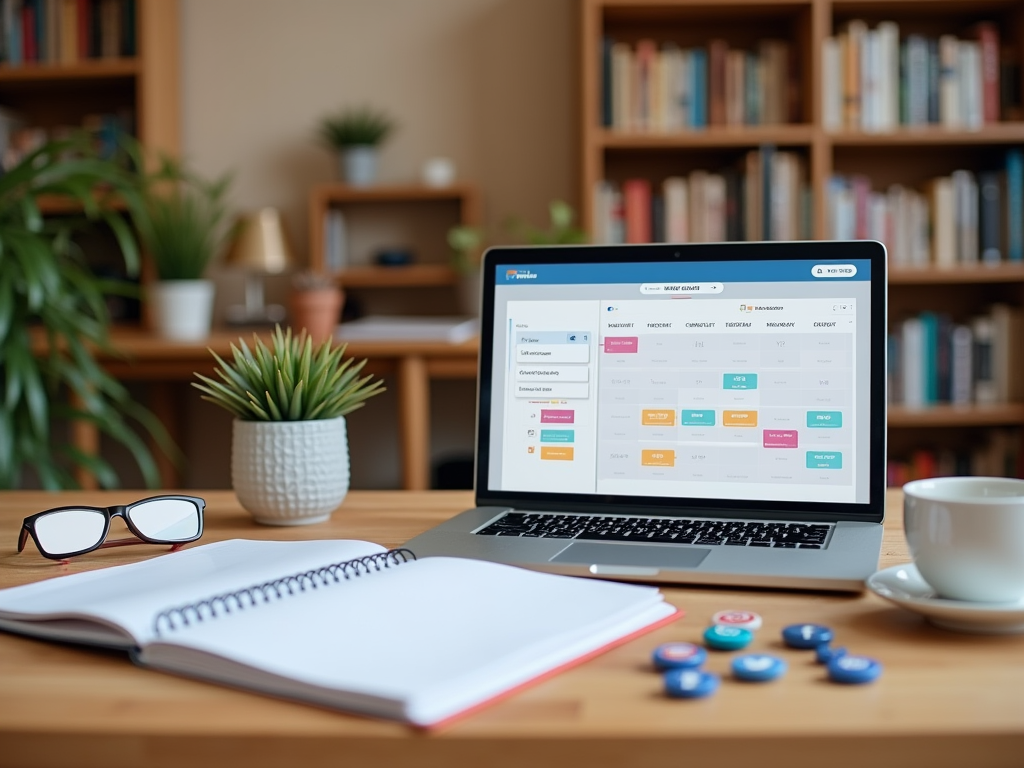 Laptop on desk displaying project management software, surrounded by glasses, notebook, and coffee cup.