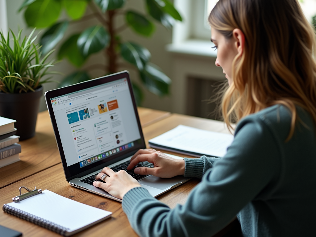 Woman works on laptop at home with green plants around.