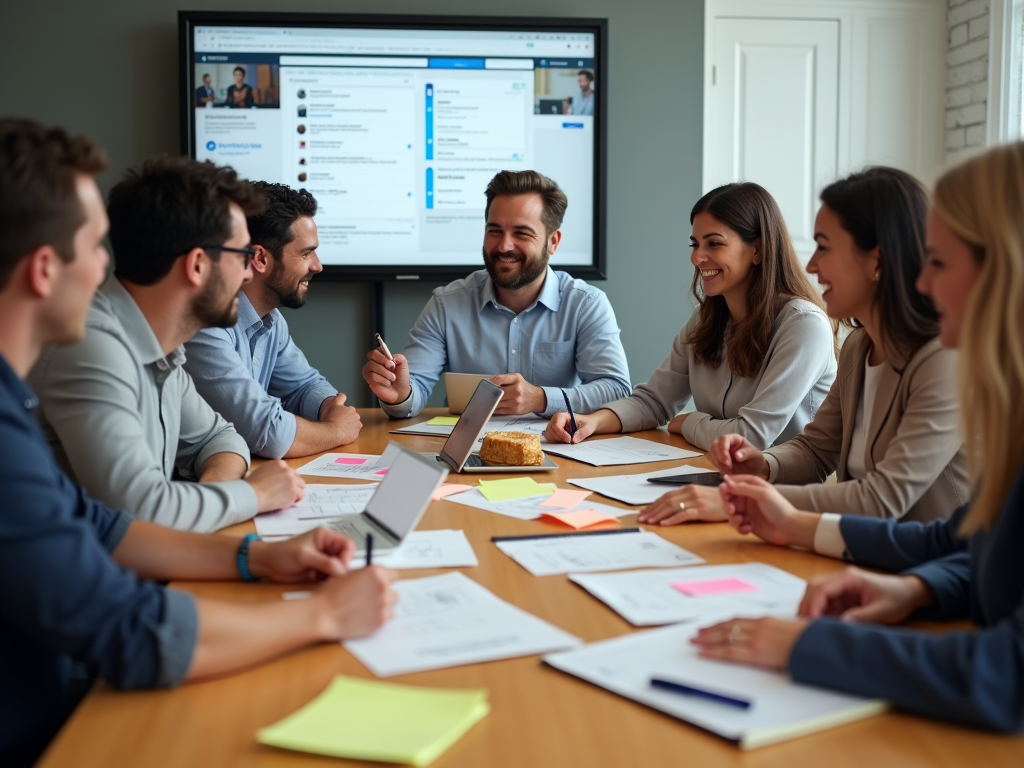 A diverse group of professionals engage in a meeting at a table with laptops, notes, and a presentation screen.