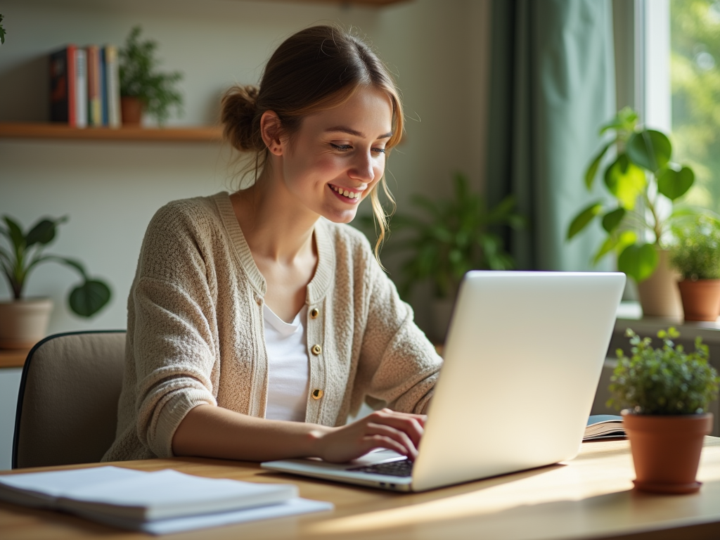 Young woman smiling and typing on a laptop at a desk by a sunny window with plants around.