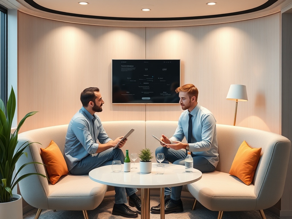 Two men engage in a discussion on a modern sofa, with a screen displaying information in the background.