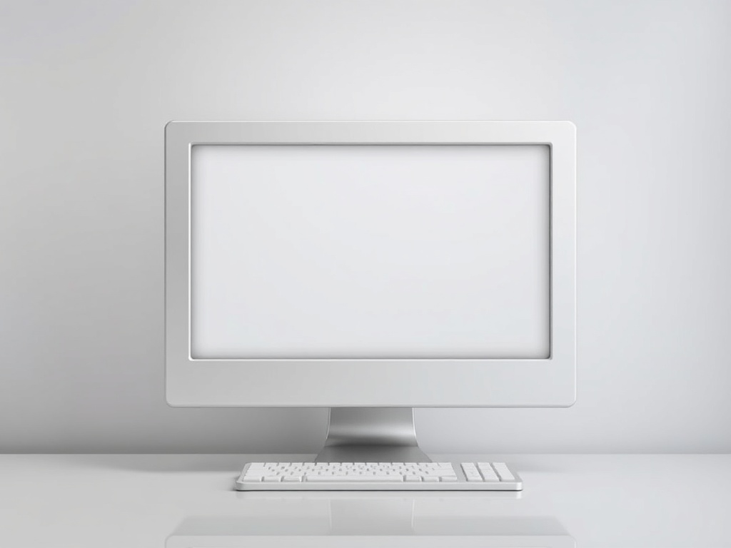 A sleek, modern computer monitor with a blank screen and a white keyboard on a light gray surface.