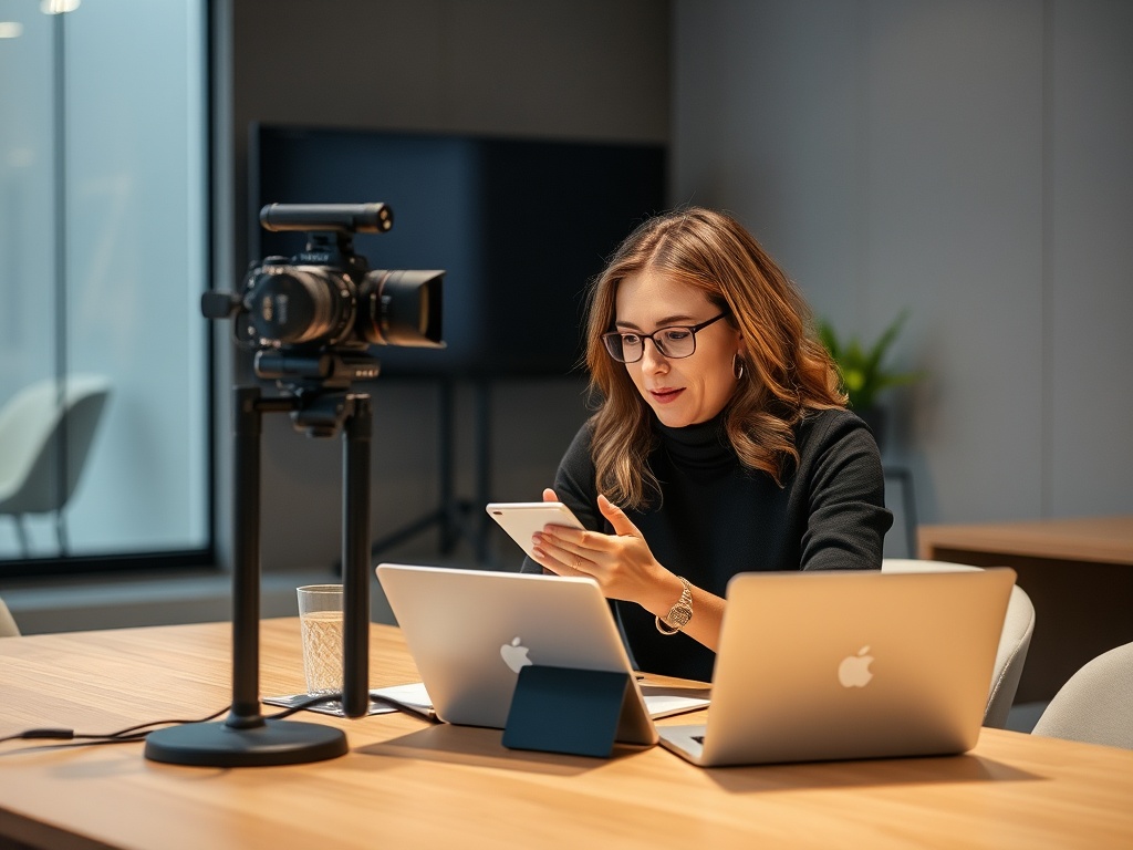 A woman in a black turtleneck sits at a desk with laptops, a camera, and a smartphone, focused on her device.