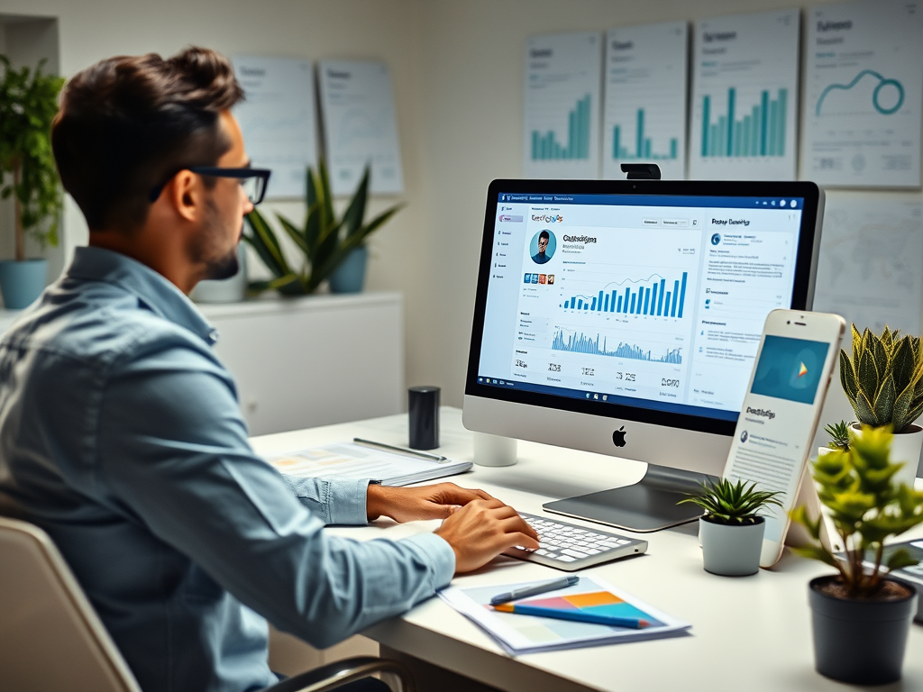 A person works on a computer displaying analytics data in a modern office with plants and documents in the background.