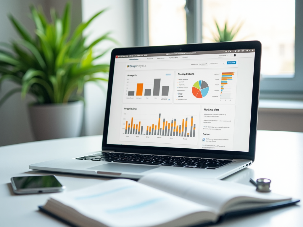 A laptop on a desk displays analytical charts and graphs, with a plant and an open notebook nearby.