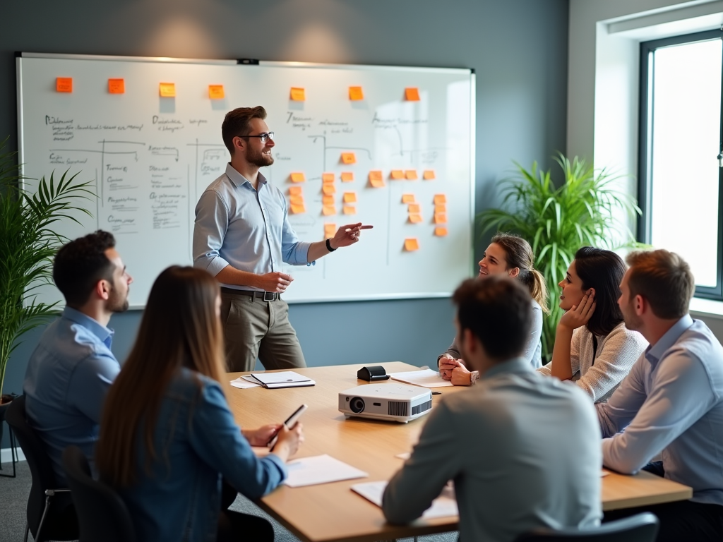 Man presenting business strategy to attentive colleagues in a modern office boardroom.