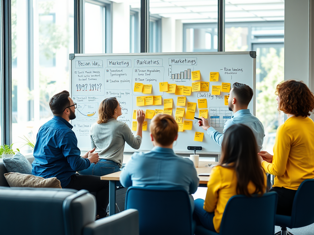 A group of people collaborates around a whiteboard filled with notes and charts in a bright, modern office space.