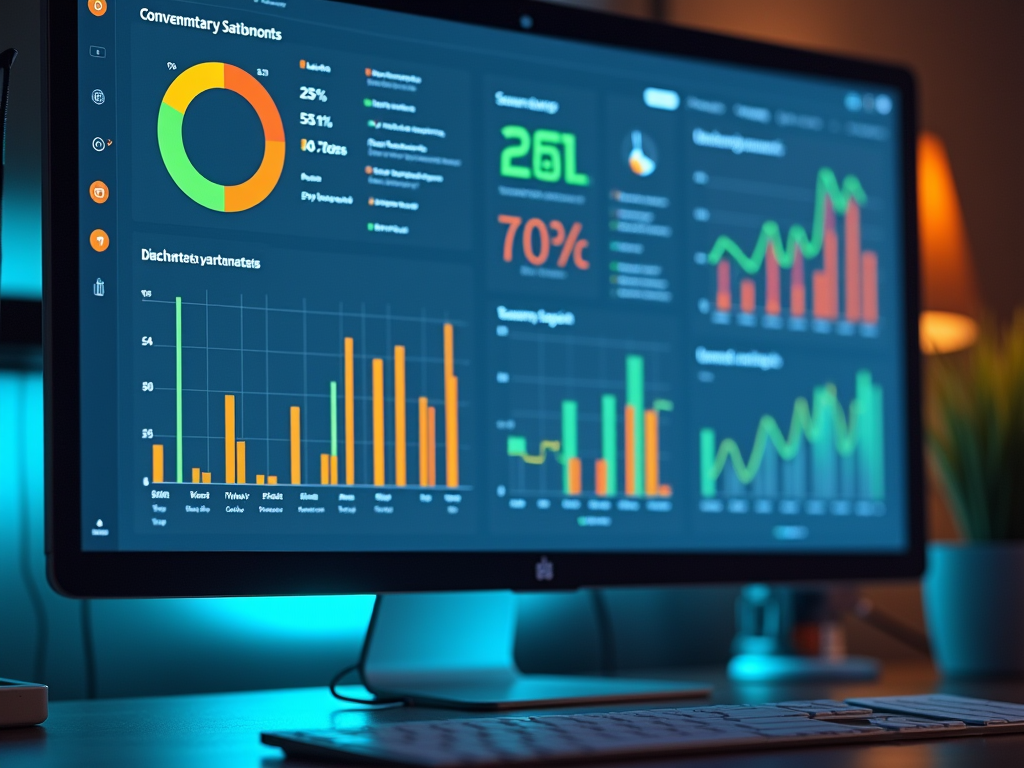 Computer screen displaying colorful graphs and data analytics on an office desk.