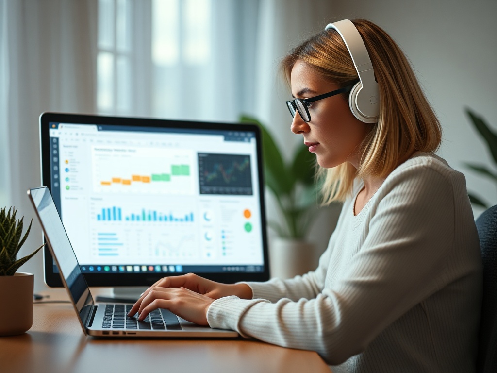 A woman wearing headphones works on a laptop, focused on data analysis displayed on a desktop monitor.