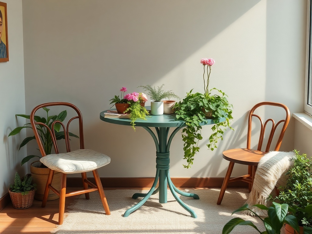 A cozy corner with a round teal table, two chairs, and various plants, bathed in soft sunlight.