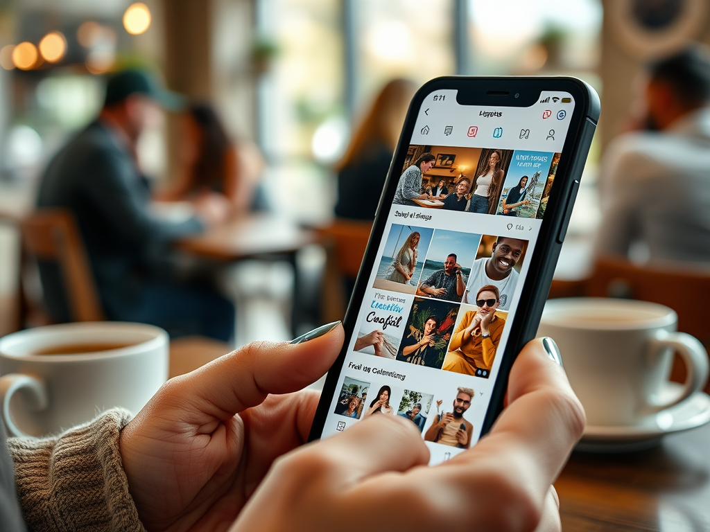 A person holds a phone displaying a social media feed in a cafe, with coffee cups and people in the background.