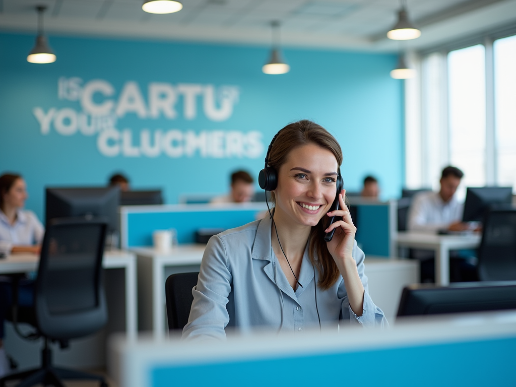 Smiling woman with headset in busy office space, blue "iSCARTU YOUR CLUCHERS" sign in background.