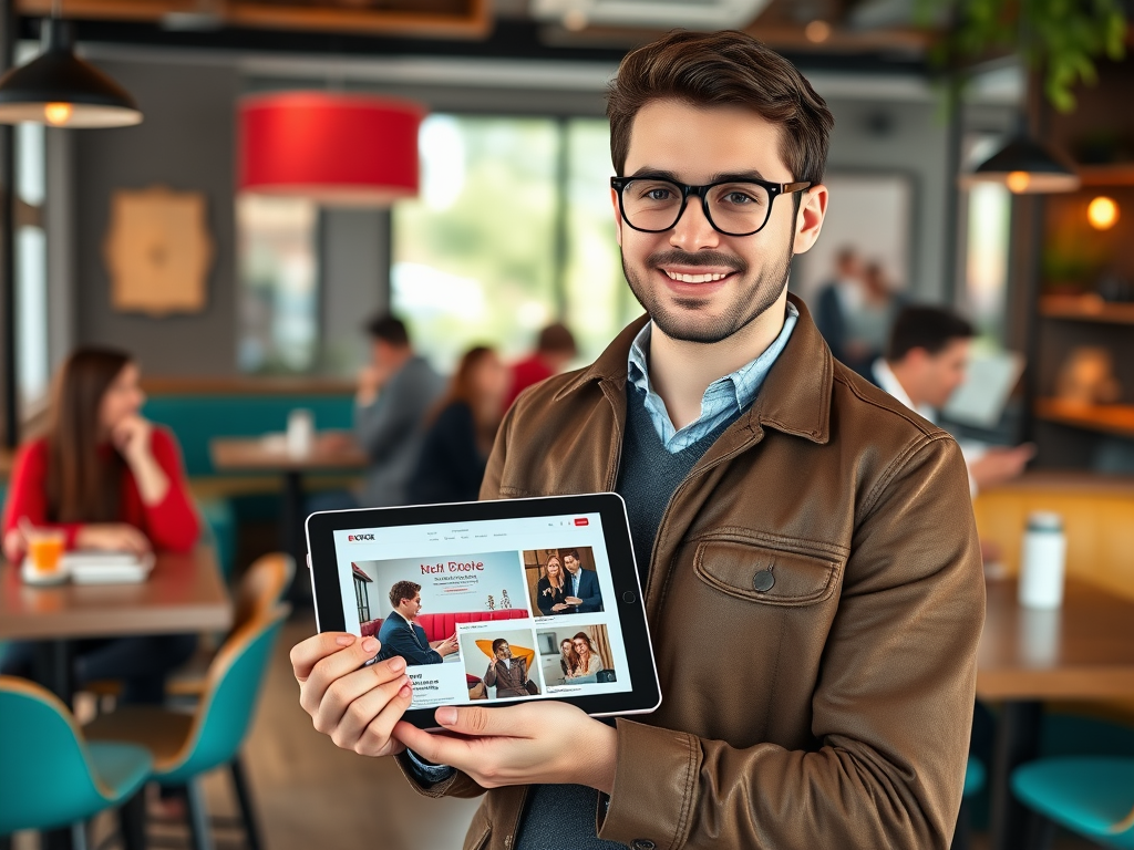 A young man in a cafe holds a tablet displaying a website, smiling confidently at the camera. People are engaged in the background.