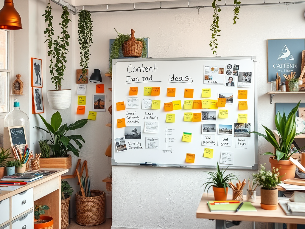 A bright workspace with a whiteboard filled with sticky notes and photos, surrounded by plants and organized shelves.