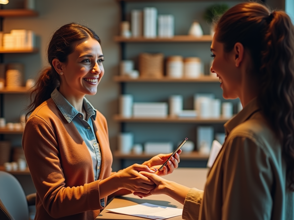 Two women smiling and shaking hands over a document in an office with bookshelves.