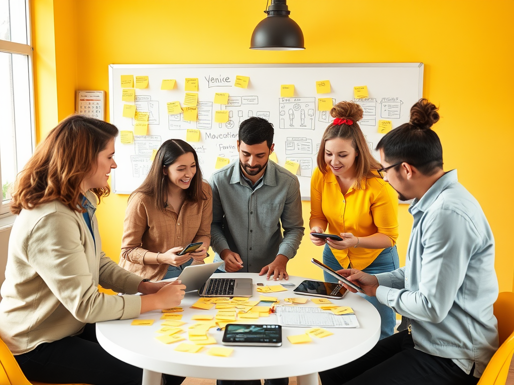 A group of five people collaborate around a table covered with notes and devices in a bright yellow office.