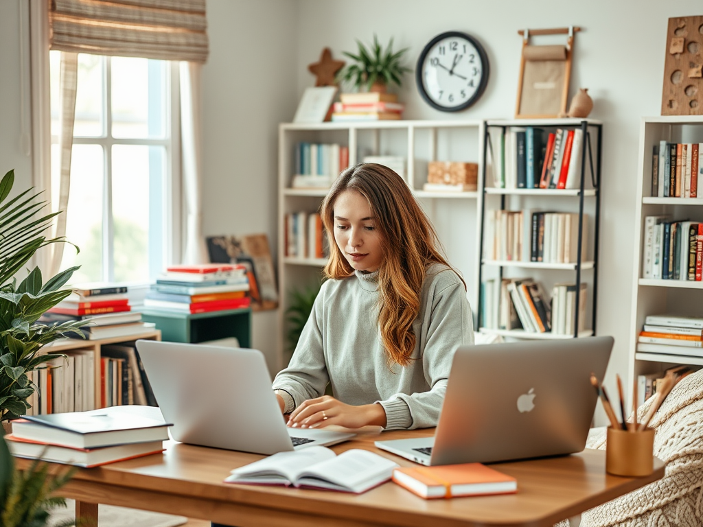 A woman works on a laptop at a cozy desk, surrounded by plants and books in a well-lit room.