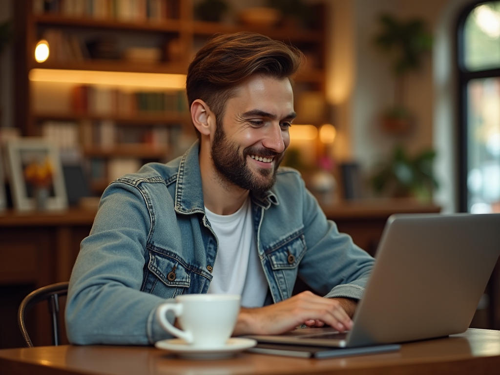 Smiling man with beard using laptop at a cafe table, with a coffee cup nearby.