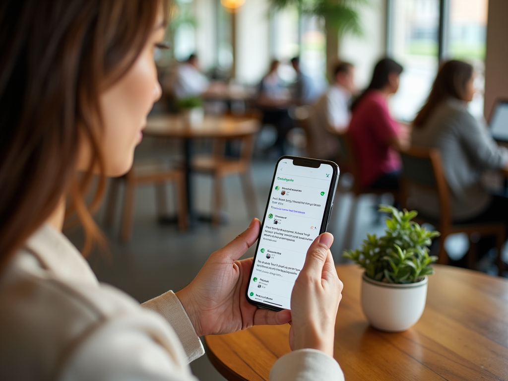 A woman holds a smartphone displaying social media content in a café, with people seated in the background.