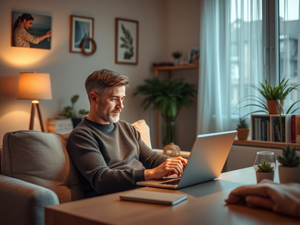 A man in a sweater works on his laptop at home, surrounded by plants and warm lighting.