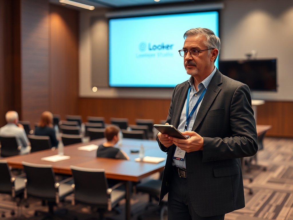A man in a suit holds a tablet in a conference room. People are seated, with a presentation screen in the background.