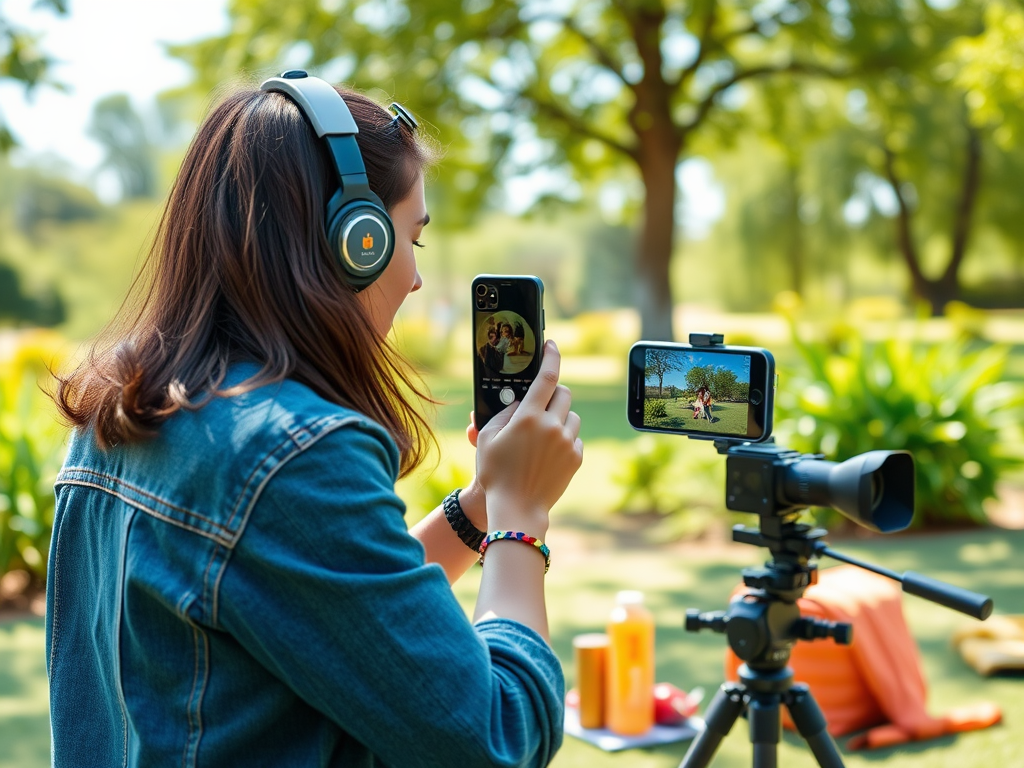 A woman with headphones records a video on her phone while filming with a camera in a park setting.