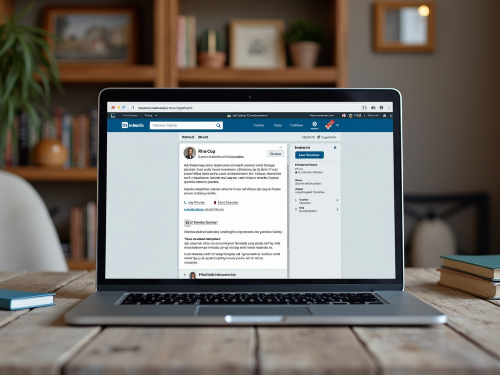 A laptop displaying a LinkedIn profile page, with books and decor in the background.