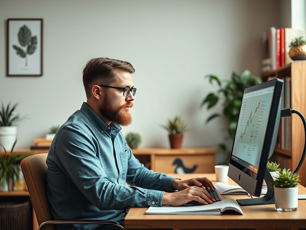 A focused man with a beard types on a computer, analyzing charts in a cozy office filled with plants.