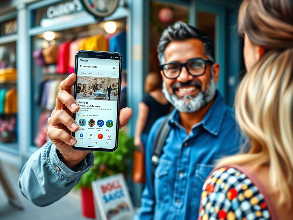 A smiling man in glasses holds a phone displaying a page, chatting with a woman in a colorful dress outside a shop.
