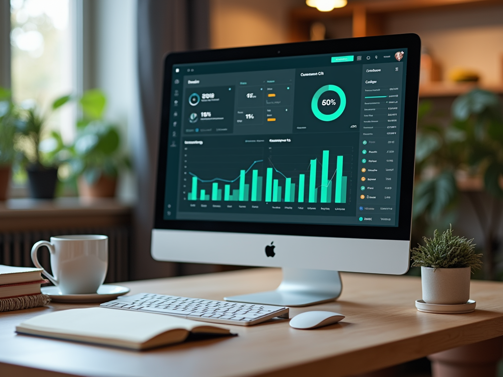 A computer monitor displaying a data dashboard with graphs and statistics, set on a wooden desk with plants.
