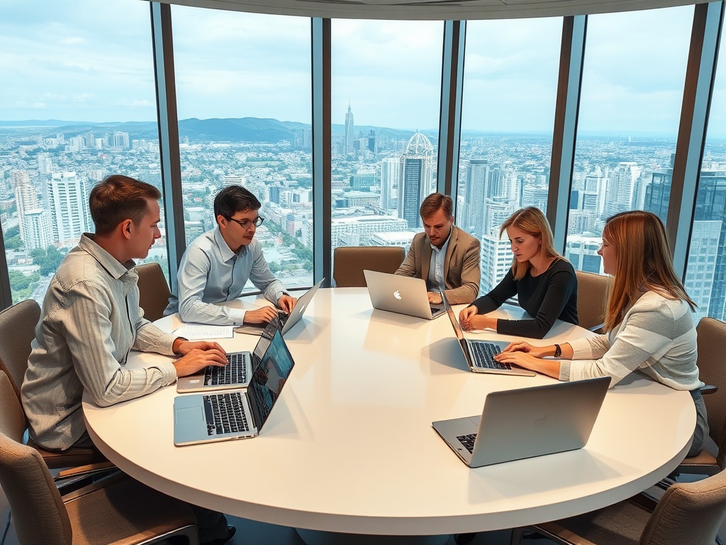 A team of five professionals collaborate around a white table, using laptops, with a city view in the background.