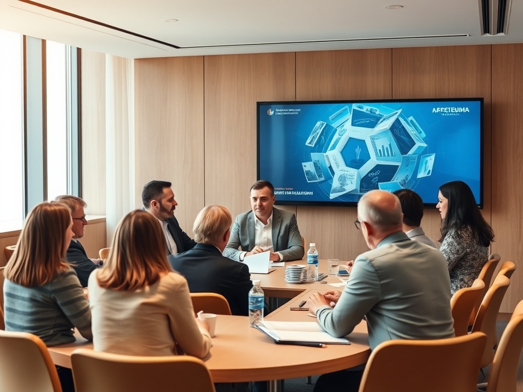 A business meeting in a modern conference room, with professionals discussing ideas around a table.