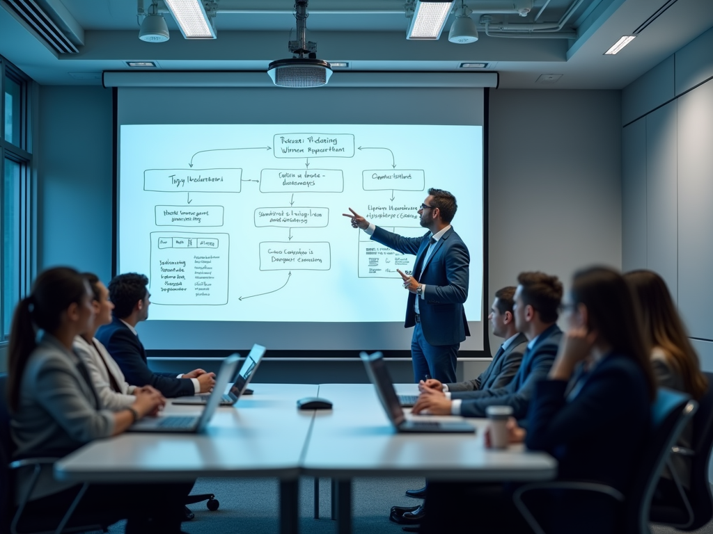 A businessman presents ideas on a whiteboard to an attentive team in a modern conference room.